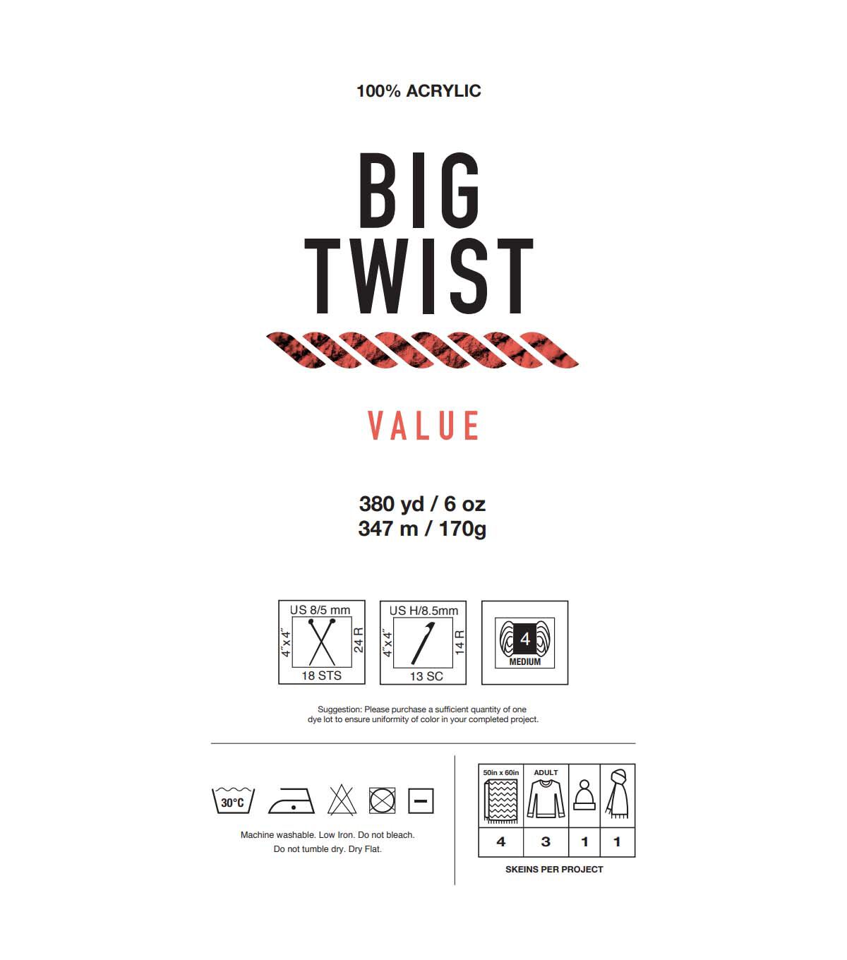 4pk Solid White Medium Weight Acrylic 380yd Value Yarn by Big Twist