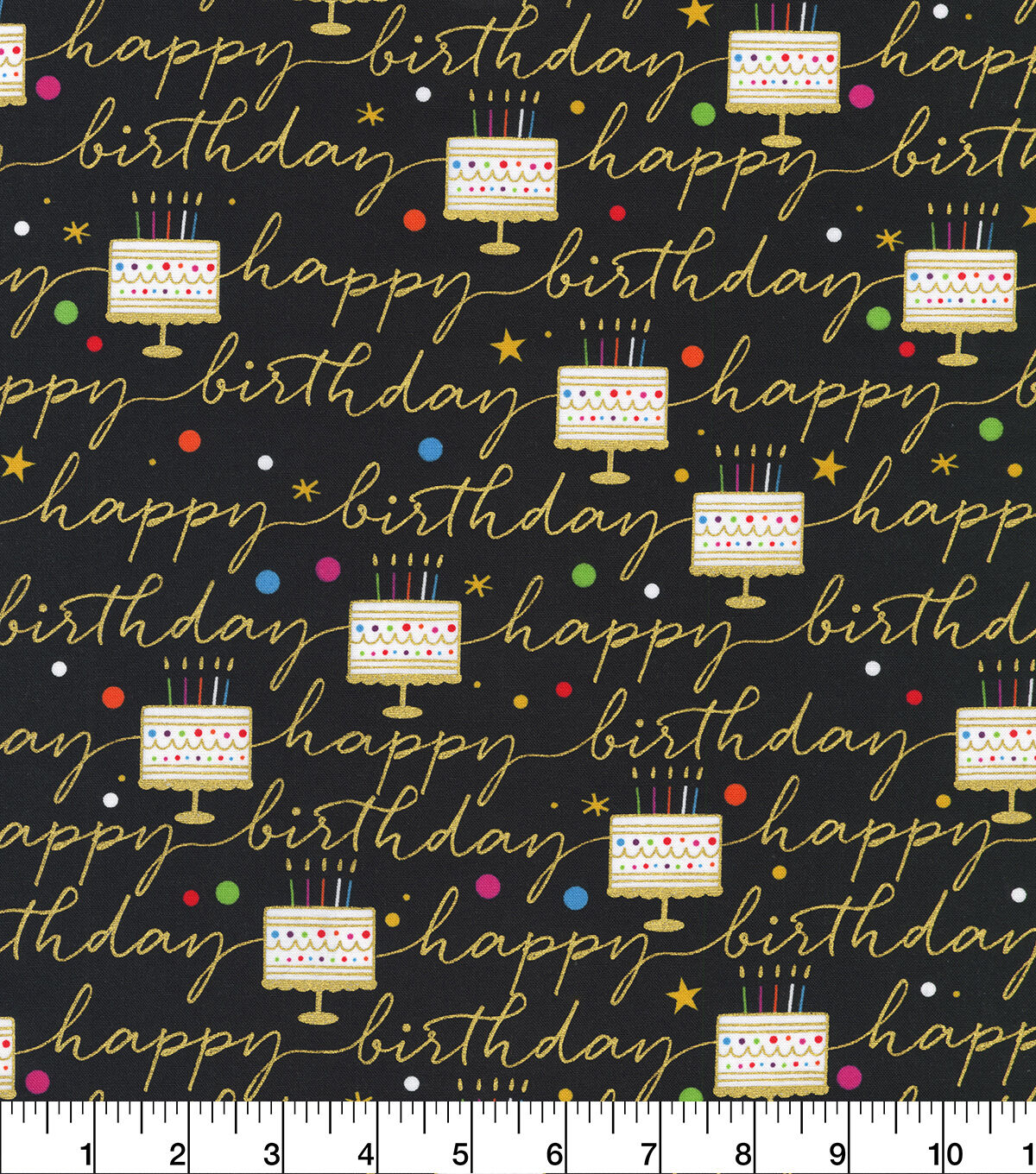 Robert Kaufman Birthday Cake On Black Novelty Cotton Fabric