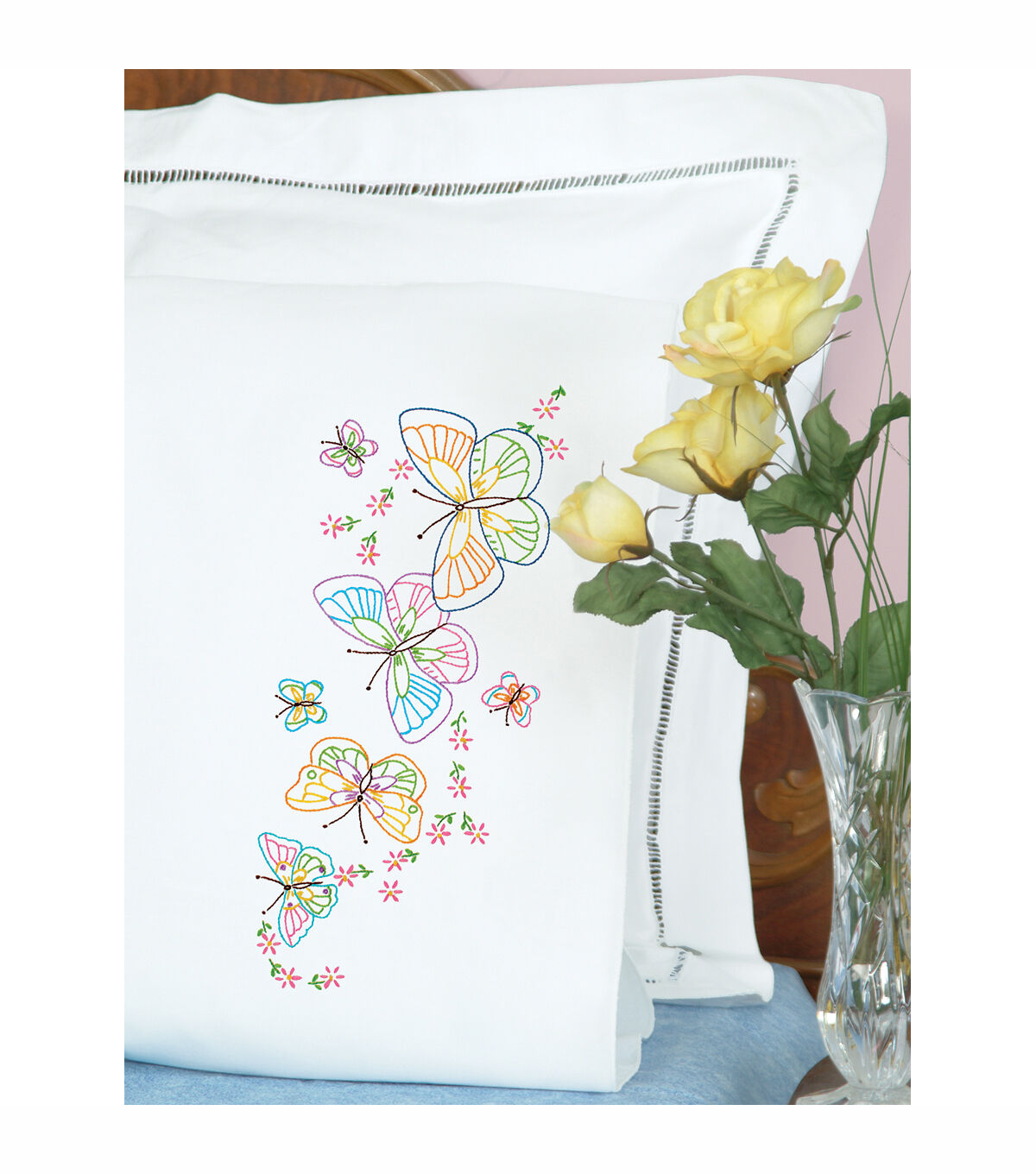 Jack Dempsey Fluttering Butterflies Stamped Perle Edge Pillowcases 2pk