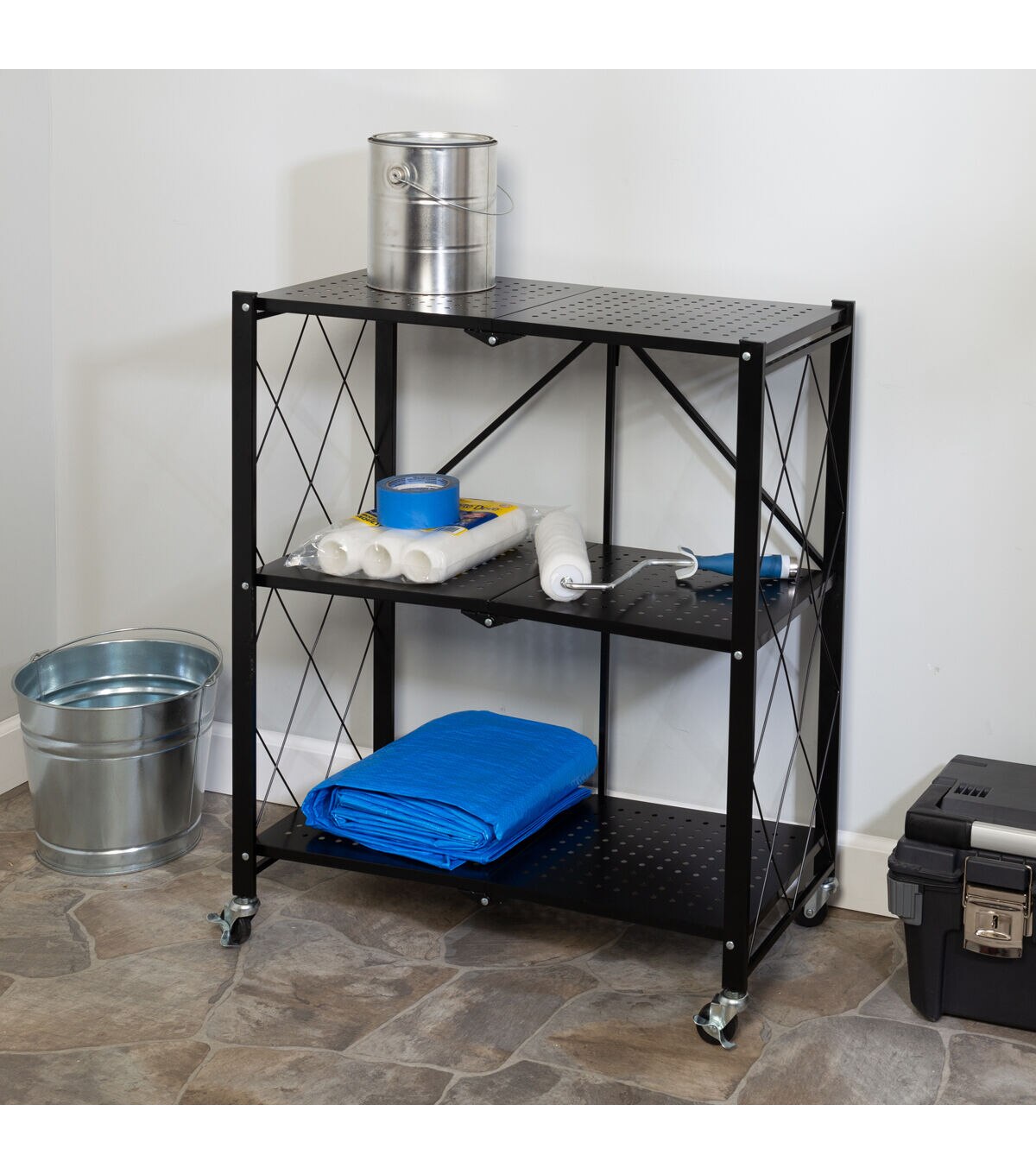 Honey Can Do 28 x 34.5 Black Folding 3 Tier Metal Rolling Shelf