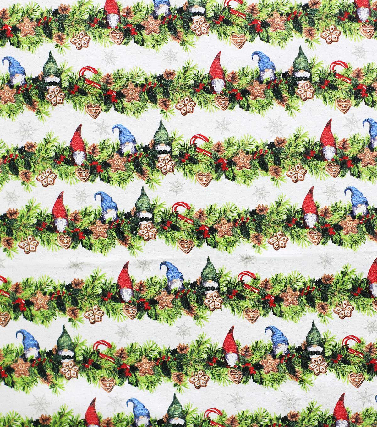 Green Gnome Garland Stripes Christmas Glitter Cotton Fabric