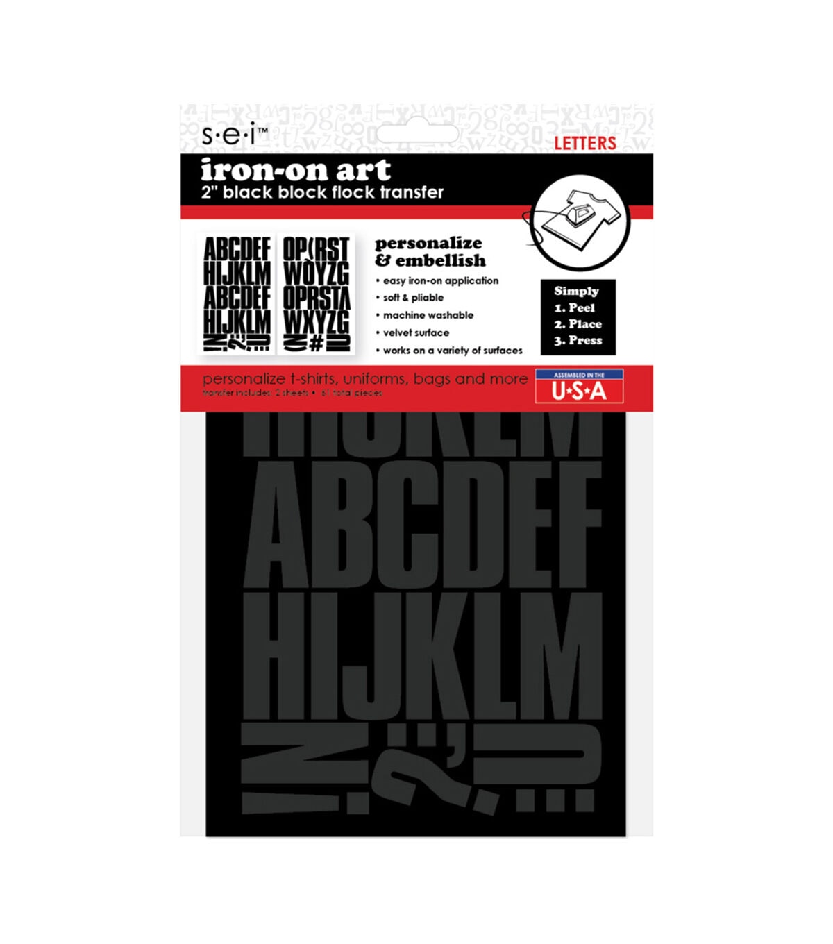 SEI 2 Black Iron On Art Block Flock Transfer Letters 61ct