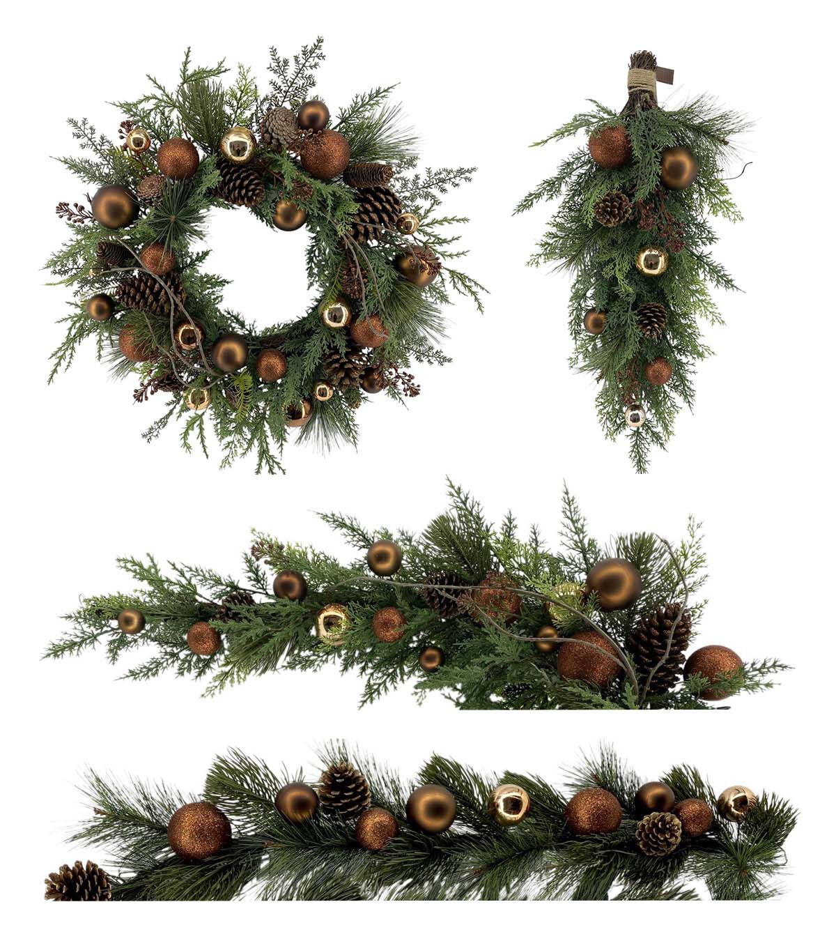Matching Holiday Bronze & Gold Bauble & Pine Wreath, Garland, Swag, & Teardrop