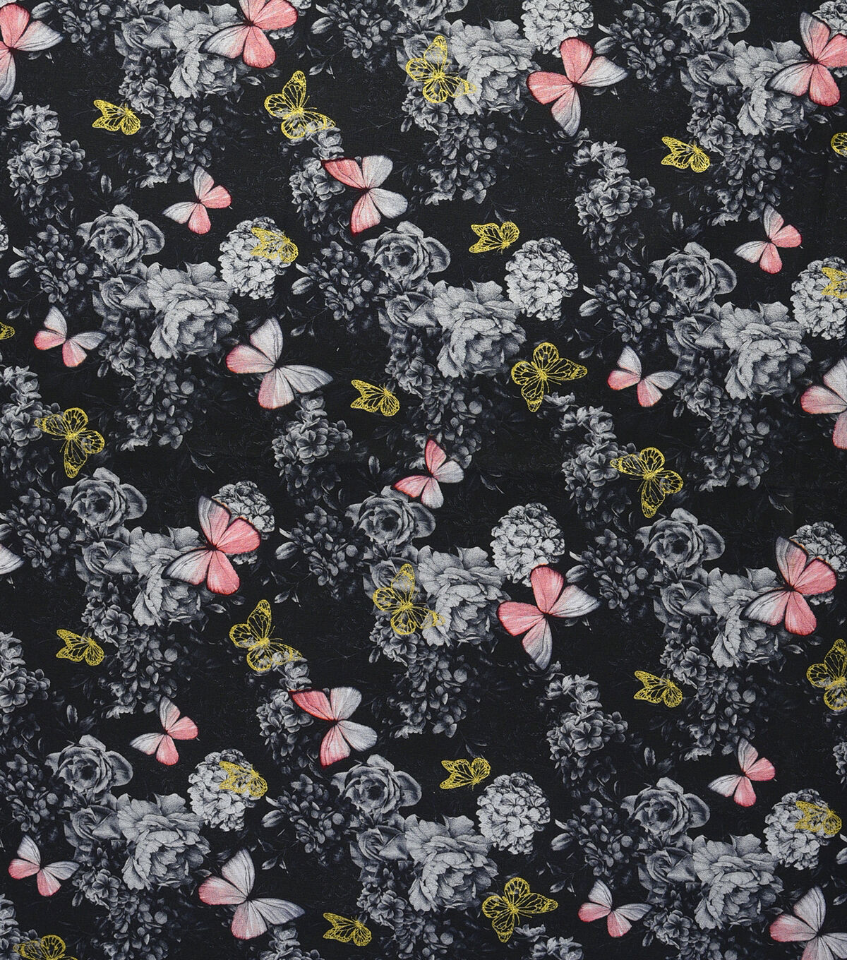 Butterflies & Flowers on Black Premium Metallic Cotton Fabric