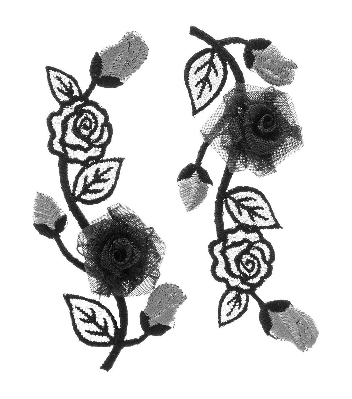Simplicity 1.5 x 2.5 Black & Silver Flowers Iron On Patch