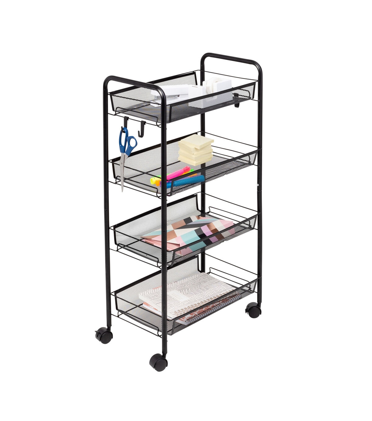 Honey Can Do 17.5 x 33 Black 4 Tier Metal Storage Cart With 5 Hooks